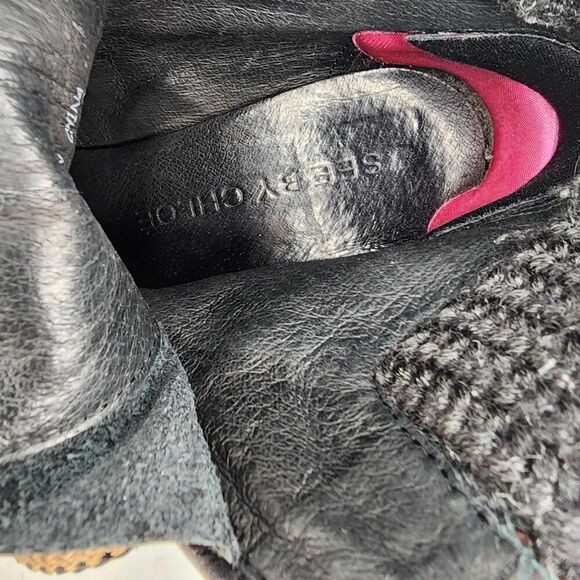 See by Chloe Knit Cuff Lace-Up Booties US 7.5 Black Leather Heel Booties Boot - Picture 13 of 13